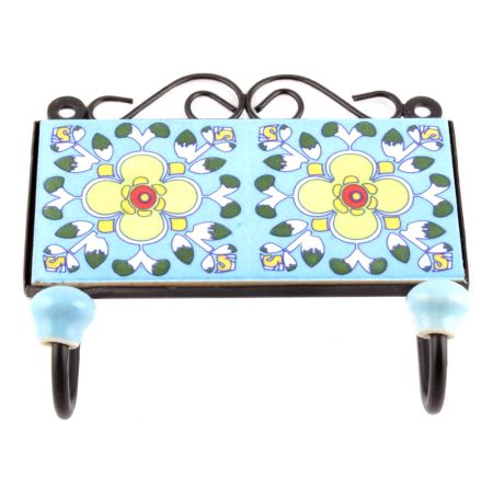 Turquoise And White Tiny Flower Ceramic Tiles Hooks